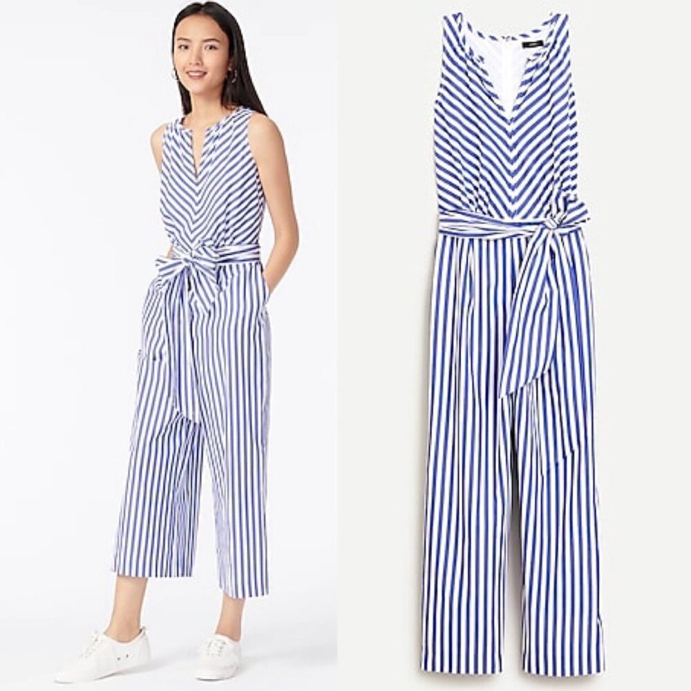 J.Crew Women's Blue White Striped Poplin Cotton Belted Wide Leg Jumpsuit Size 0